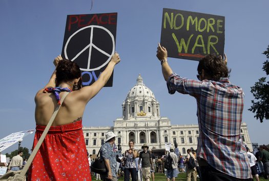 Protesters are seen during an anti-war rally at the Republican National Convention in St. Paul, Minn., Monday, Sept. 1, 2008. (AP Photo/Matt Rourke) 