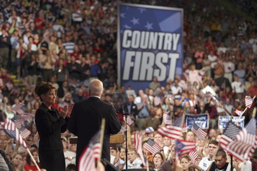Republican presidential candidate, Sen. John McCain, R-Ariz., and Alaska Gov Sarah Palin appear together onstage during the 'Road to the Convention Rally' at the Erwin J. Nutter Center Friday, Aug. 29, 2008 in Dayton, Ohio. McCain introduced Palin as his Vice Presidential running mate at the event. (AP Photo/Mary Altaffer) 