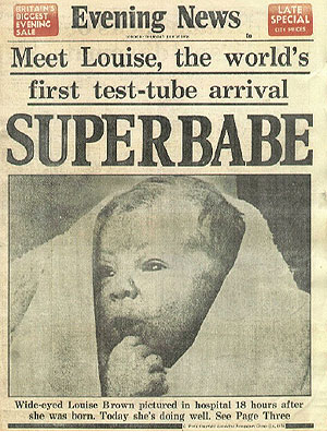 La portada del ’Evening News’ invitaba a conocer al primer ’superbebé’ probeta (Foto: Nature)