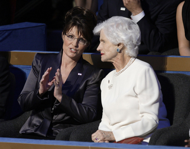 Republican vice presidential nominee Sarah Palin, left, speaks with Roberta McCain, mother of Republican presidential candidate John McCain, at the Republican National Convention in St. Paul, Minn., Thursday, Sept. 4, 2008. (AP Photo/Paul Sancya) 