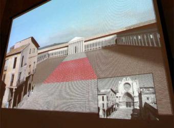 Recreación virtual del templo de Augusto en el emplazamiento actual de la catedral (imagen inferior derecha) tomando como referencia las casas de la izquierda