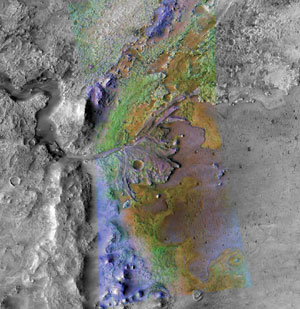 La zona de color en el la fotografía muestra el delta del cráter ’Jezero’, que pudo haber sido un lago. (Foto: NASA | Brown University)